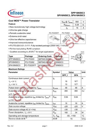 SPA16N50C3 datasheet  